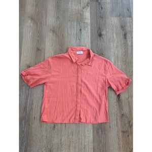 Love Notes Button Down Shirt Womens Large Coral Pink Linen Blend Short Sleeve